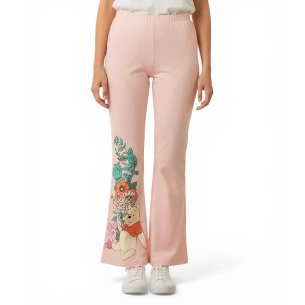 Disney Winnie The Pooh Girls Pink Flare Pants Bell Bottoms Floral Piglet Small